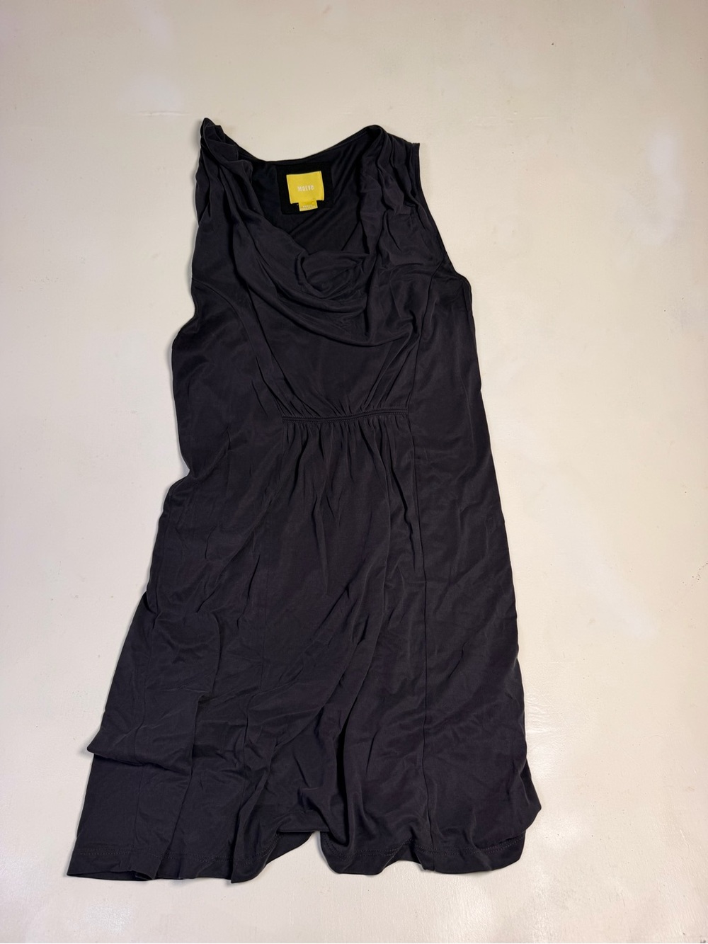 Maeve Black Sleeveless Cowl-Neck Midi Dress with Gathered Waist
